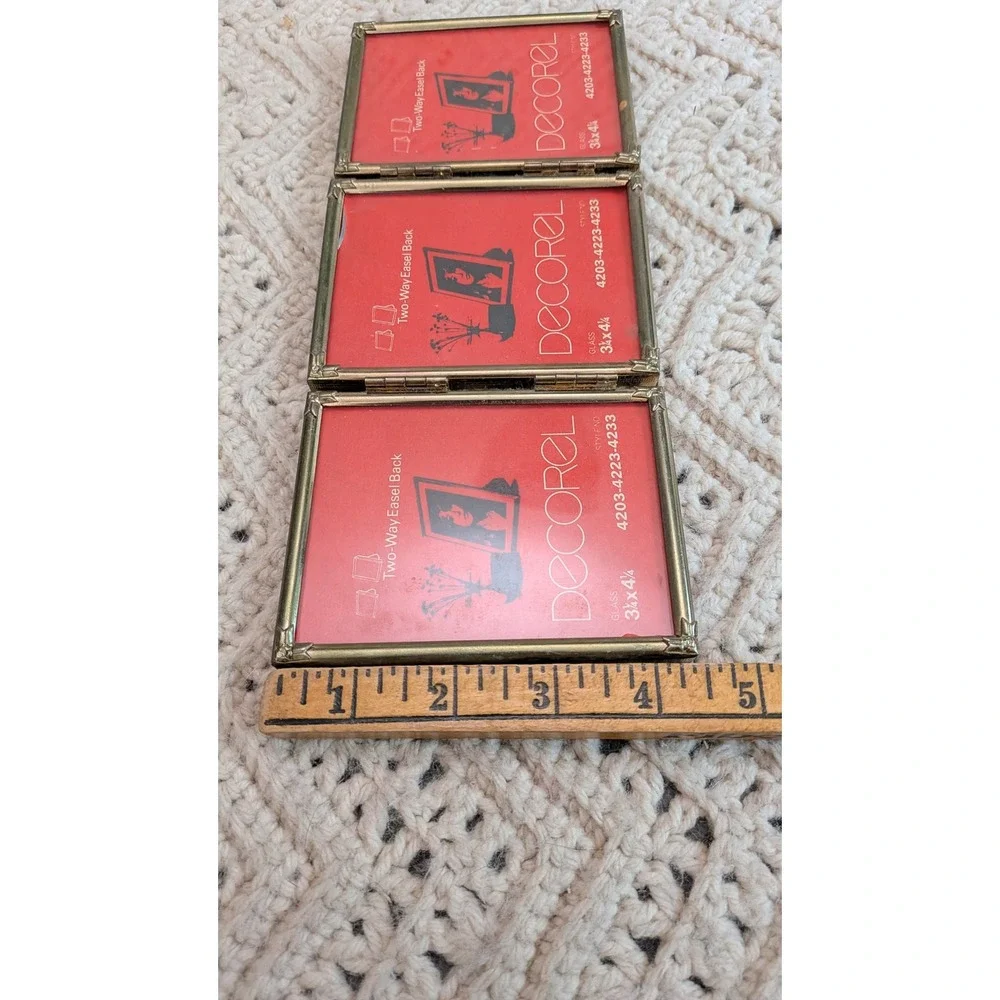 Decorel Vintage Brass Triple Folding Picture Frame 3.25x4.25 Triptych 4203-4223